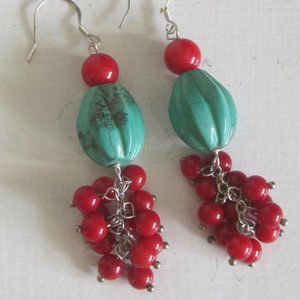 Vintage Turquoise & Jasper Sterling Watermelon Fruit Chandelier Gemston Earrings